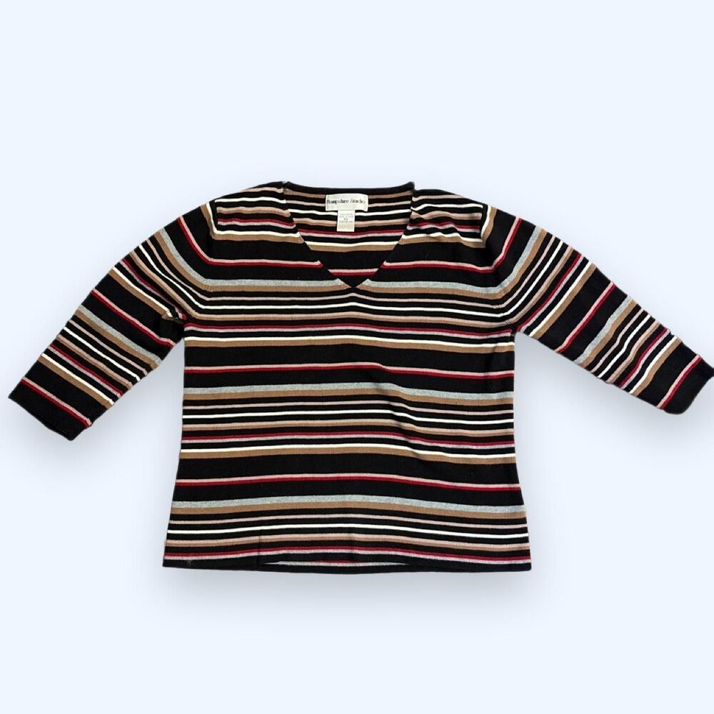 Vintage Hampshire Studio Striped V-Neck Sweater Black Pink Tan Small Petite